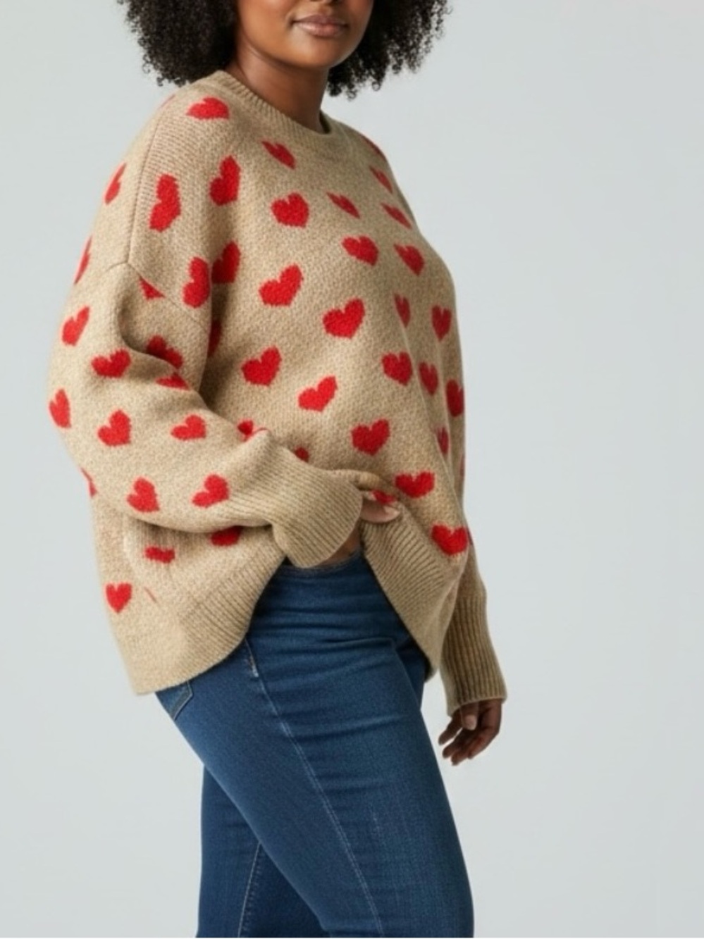 Vince Camuto Tan Red Heart Intarsia Knit Oversized Crewneck Sweater Size Large